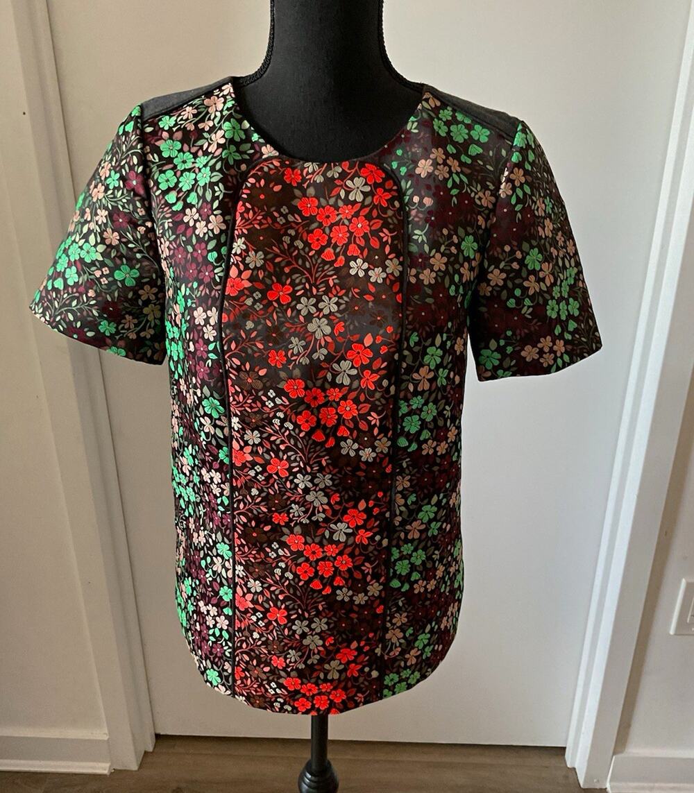 J.CREW Collection Floral Satin Lined Full Zip Back Blouse Black Multi Size 6